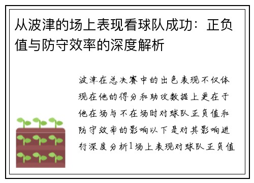 从波津的场上表现看球队成功：正负值与防守效率的深度解析